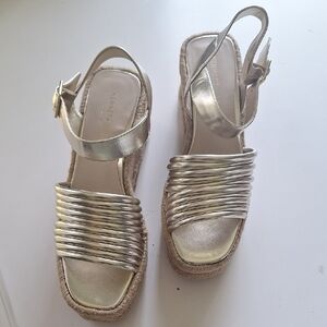 Kenneth Cole Gold Metallic Ruched Strap Espadrille Wedges